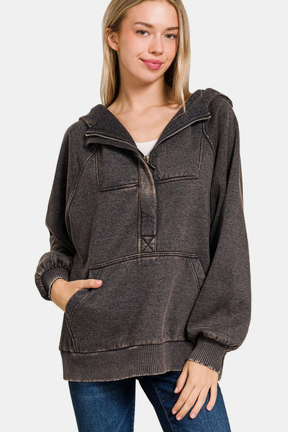 Zenana Easy Thinking Acid Wash Fleece Kangaroo Pocket Hoodie in Ash Black