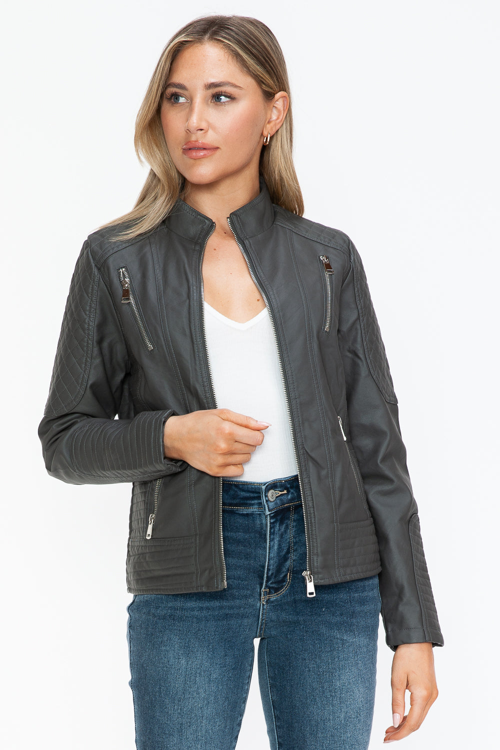 Snobbish Ready To Own The Night Faux Leather Zip Up Mock Neck Jacket in Charcoal