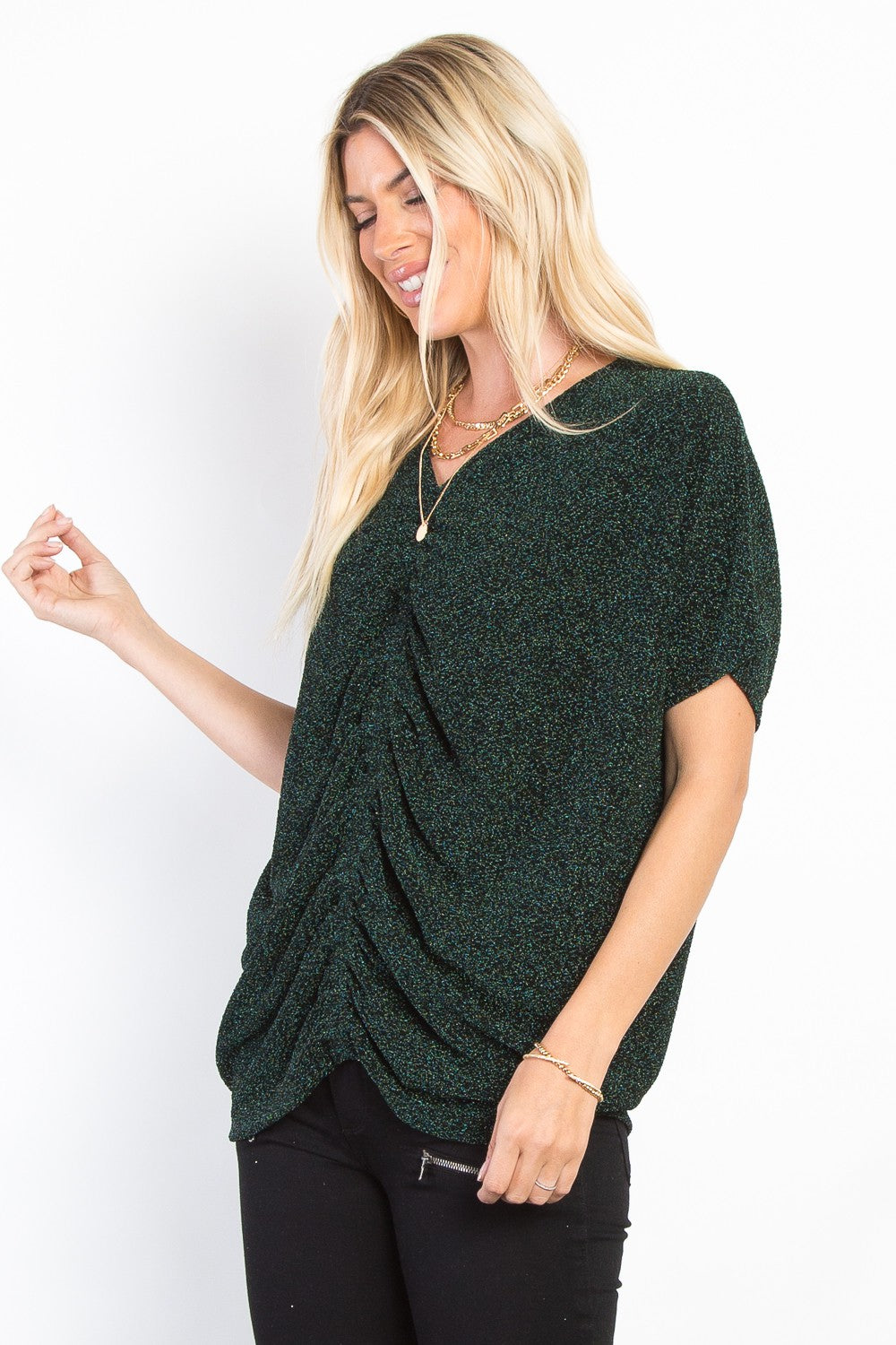 Be Stage Knit and Shimmer Lurex Center Elastic Cinched Knit Top in Hunter Green