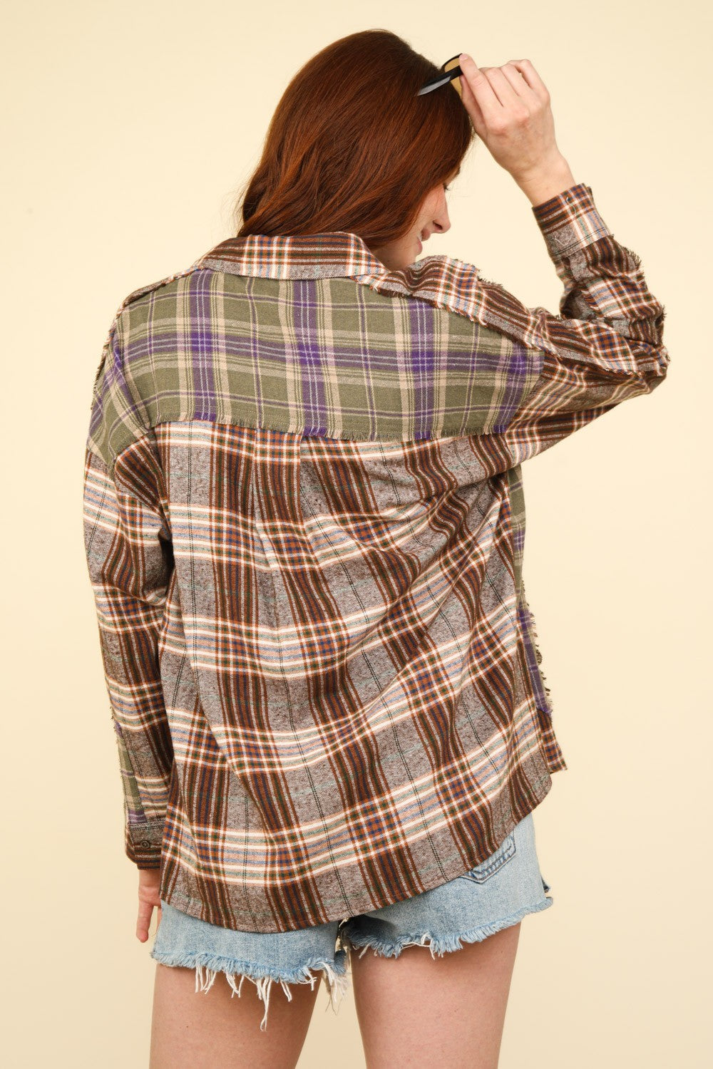 VERY J Falling For Plaid Contrast Plaid Raw Detail Shirt in Mocha