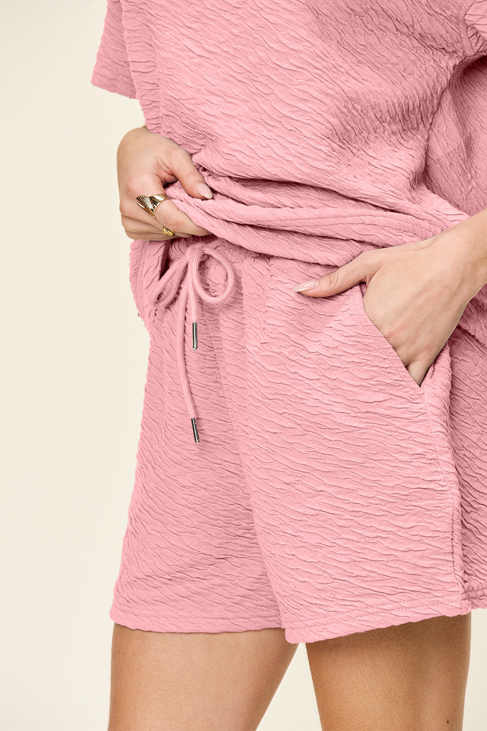 Double Take New Beginnings, Same Me Texture Short Sleeve T-Shirt and Drawstring Shorts Set