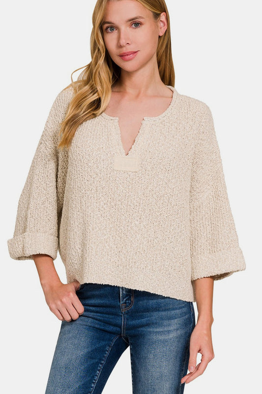 Zenana The Moment Is Here Notched Side Slit Patch Sweater in H Sand Beige