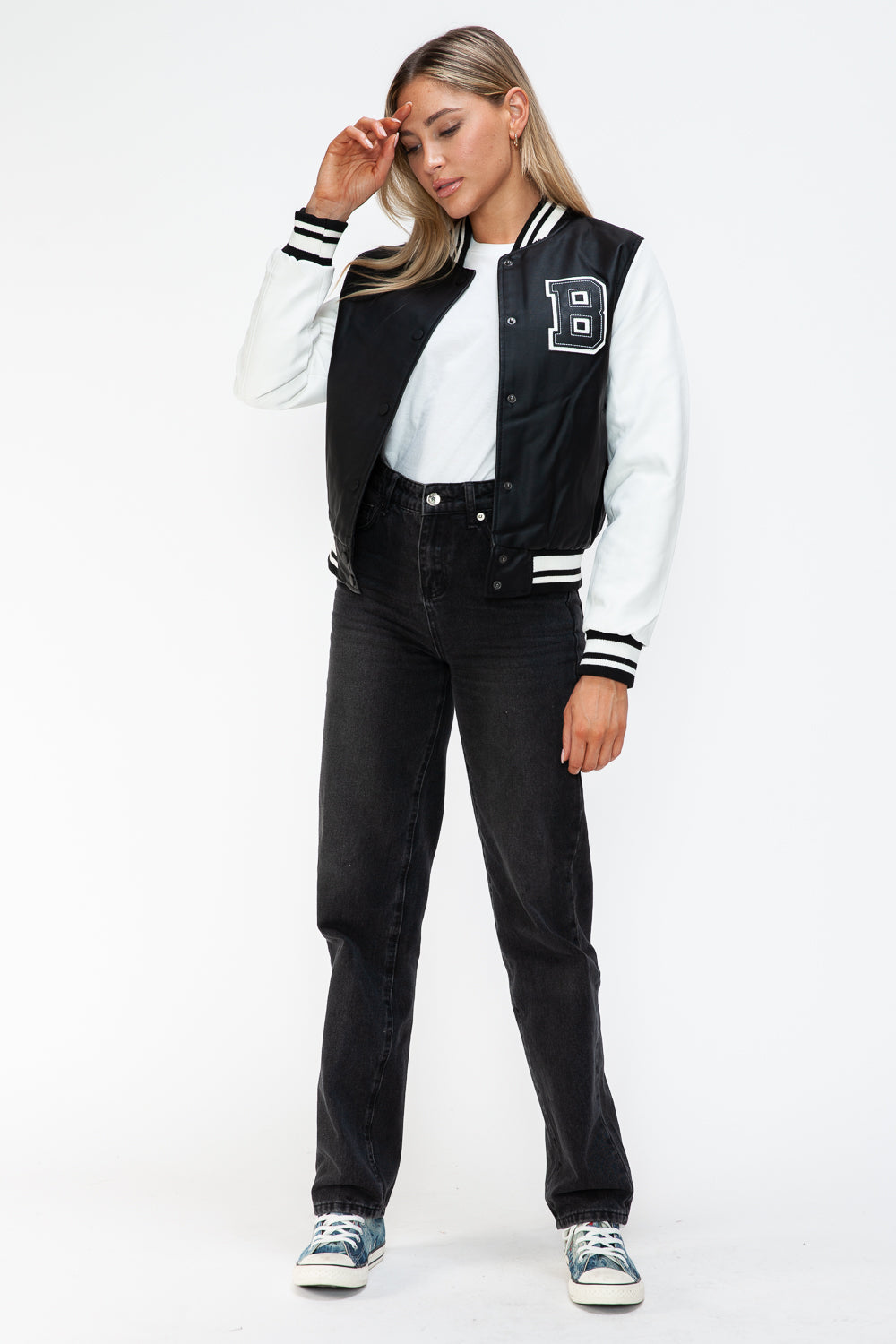 Love Me Now Bring The Love PU Leather Contrast Snap Down Bomber Jacket in Black/ White