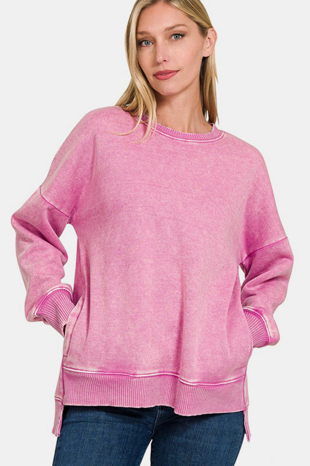 Zenana Endless Vibes High-Low Acid Wash Fleece Sweatshirt in Dusty Pink