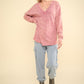 VERY J Here There And Everywhere Washed V-Neck Exposed Seam Knit Top in Mauve