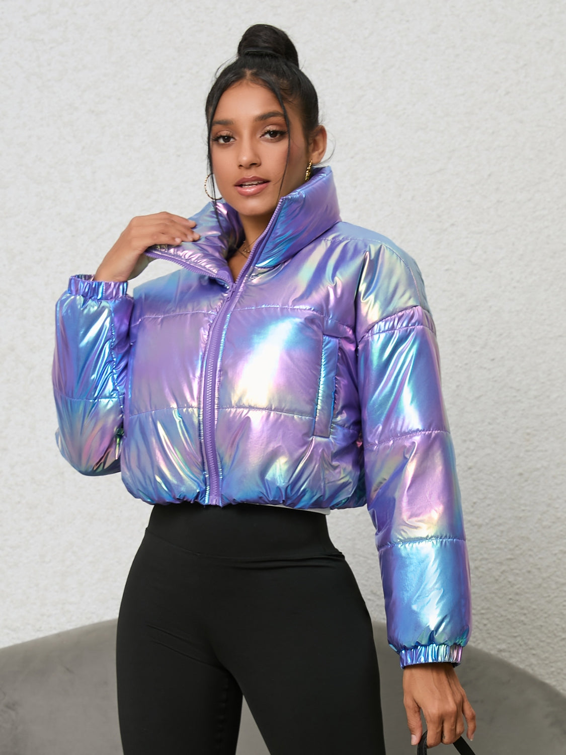 A Little Shine Gradient Zip-Up Collared Puffer Jacket