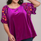 Umgee Tells A Story Velvet Embroidery Short Sleeve Blouse in Violet