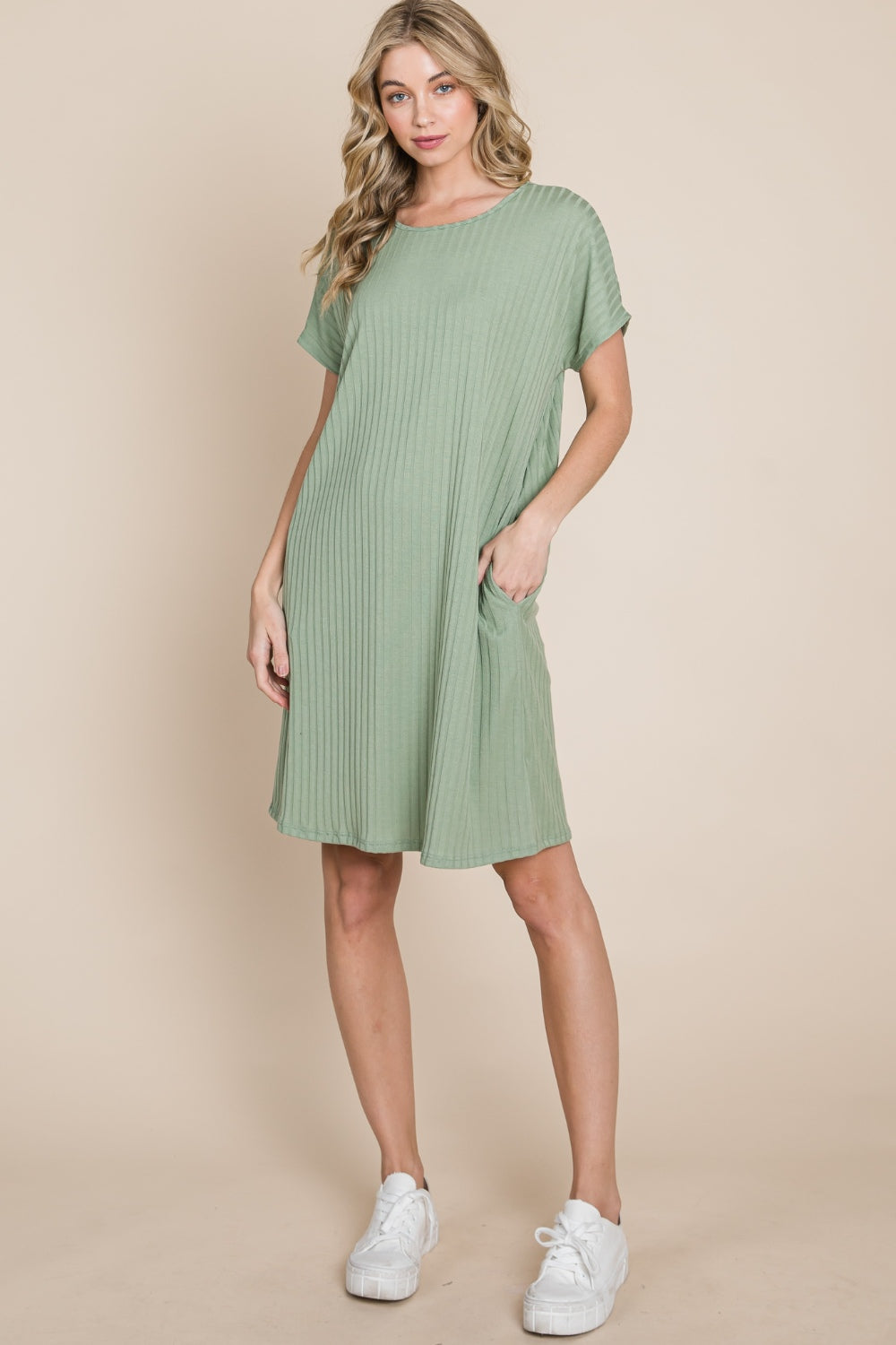 BOMBOM Breezy Day Ribbed Short Sleeve Dress with Pockets