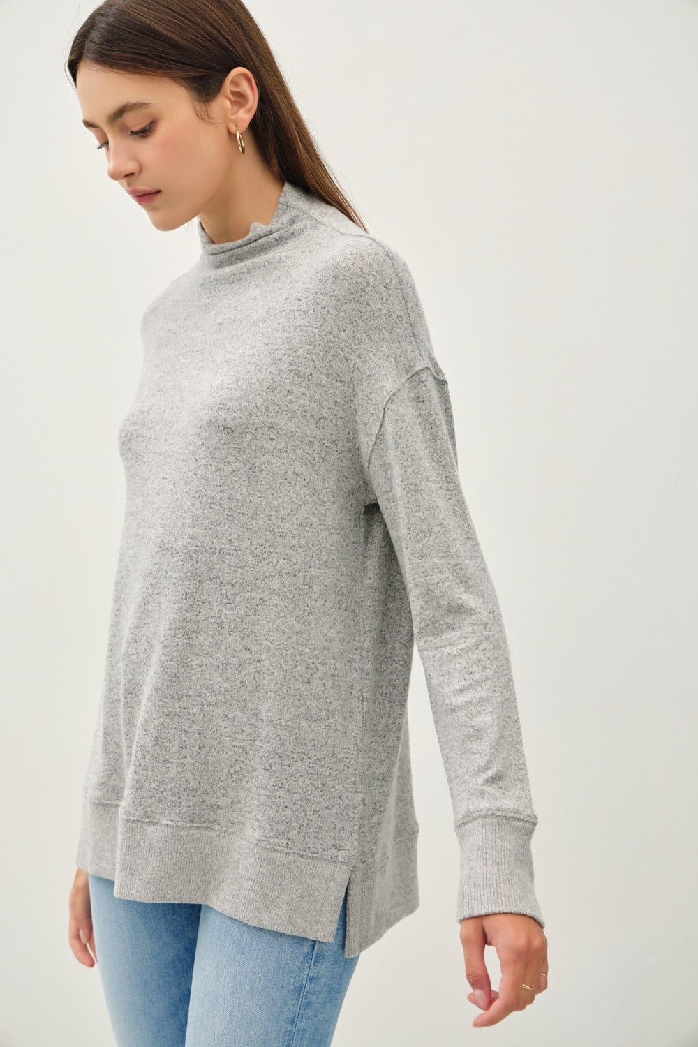 Be Cool Simple Joys Side Slit Mock Neck Long Sleeve Tunic Top in Charcoal