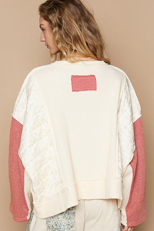 POL Standout Charm Waffle-Knit Contrast Notched Neck Long Sleeve Knit Top in Cream Multicolor