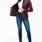 YMI Fuzzy Feels Faux Layered Double-Zipper Jacket with Fuzzy Hood in Wine