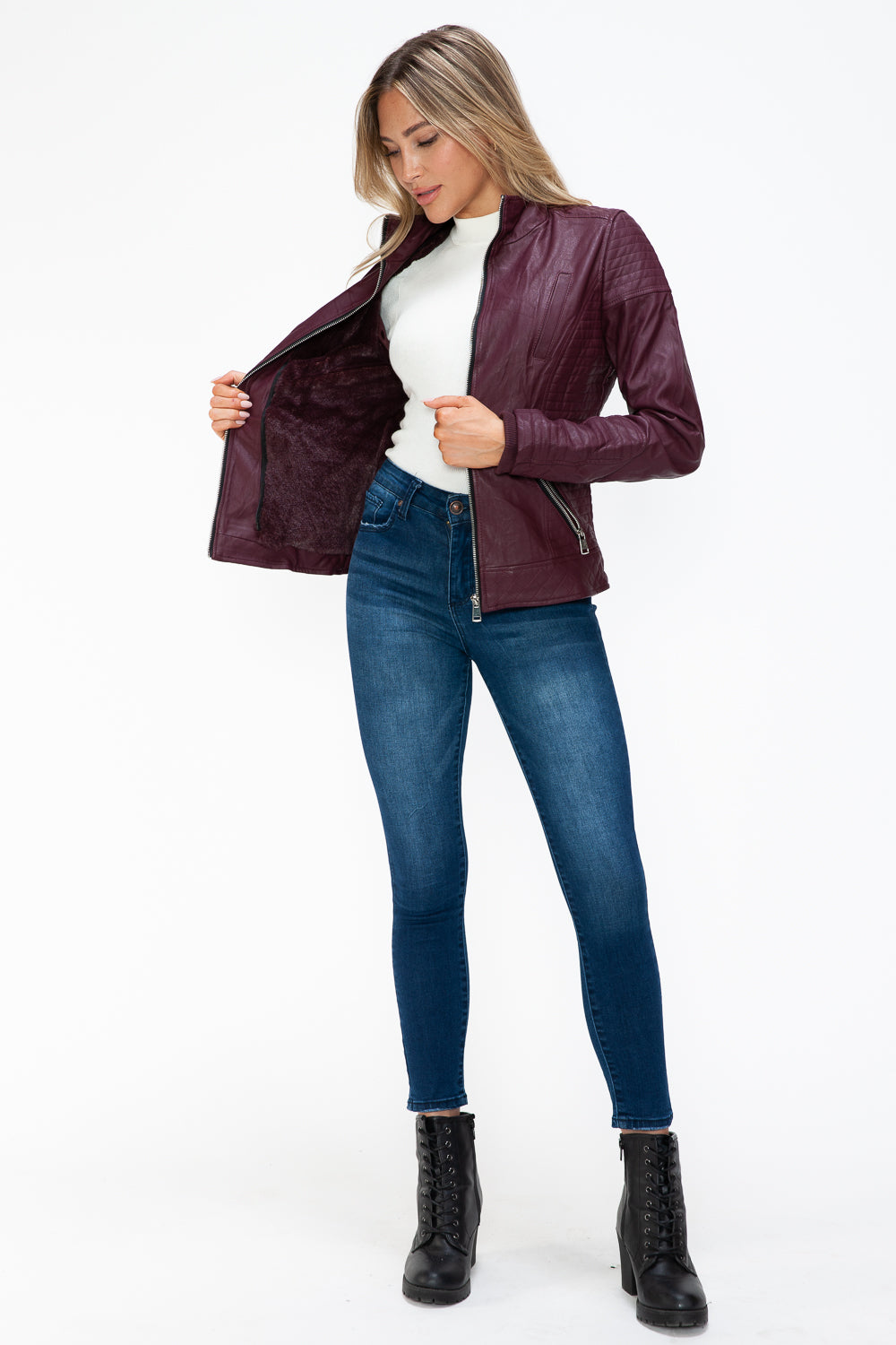YMI Fuzzy Feels Faux Layered Double-Zipper Jacket with Fuzzy Hood in Wine