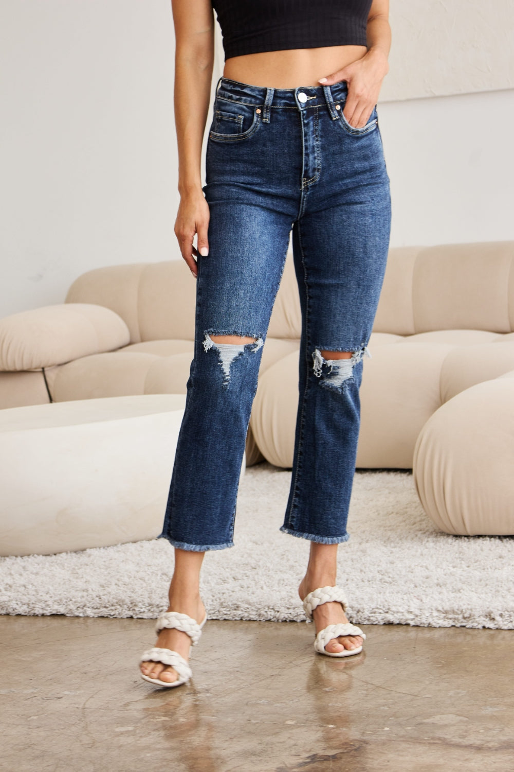 RFM Dylan Tummy Control Distressed High Waist Raw Hem Crop Jeans