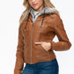 YMI Fuzzy Feels Faux Layered Double-Zipper Jacket with Fuzzy Hood in Camel