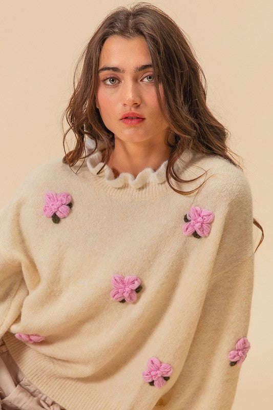 BiBi Falling For You Ruffled Crochet Flower Dropped Shoulder Sweater