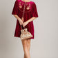 Umgee Stealing The Spotlight Embroidered Half Sleeve Velvet Mini Dress with Tassel in Burgundy