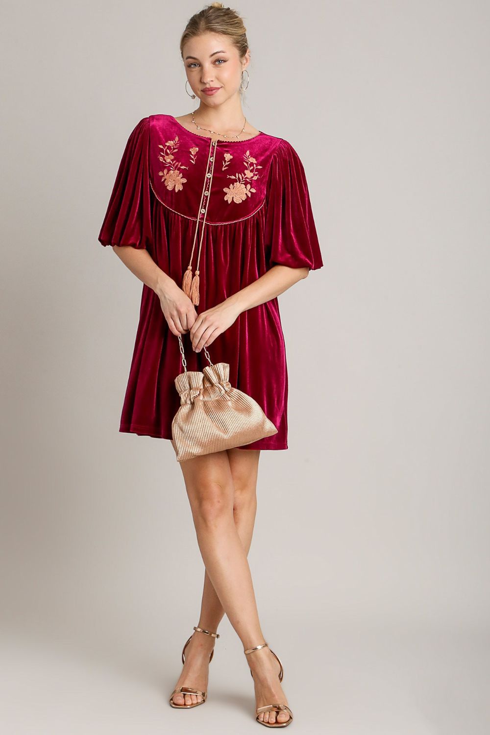 Umgee Stealing The Spotlight Embroidered Half Sleeve Velvet Mini Dress with Tassel in Burgundy