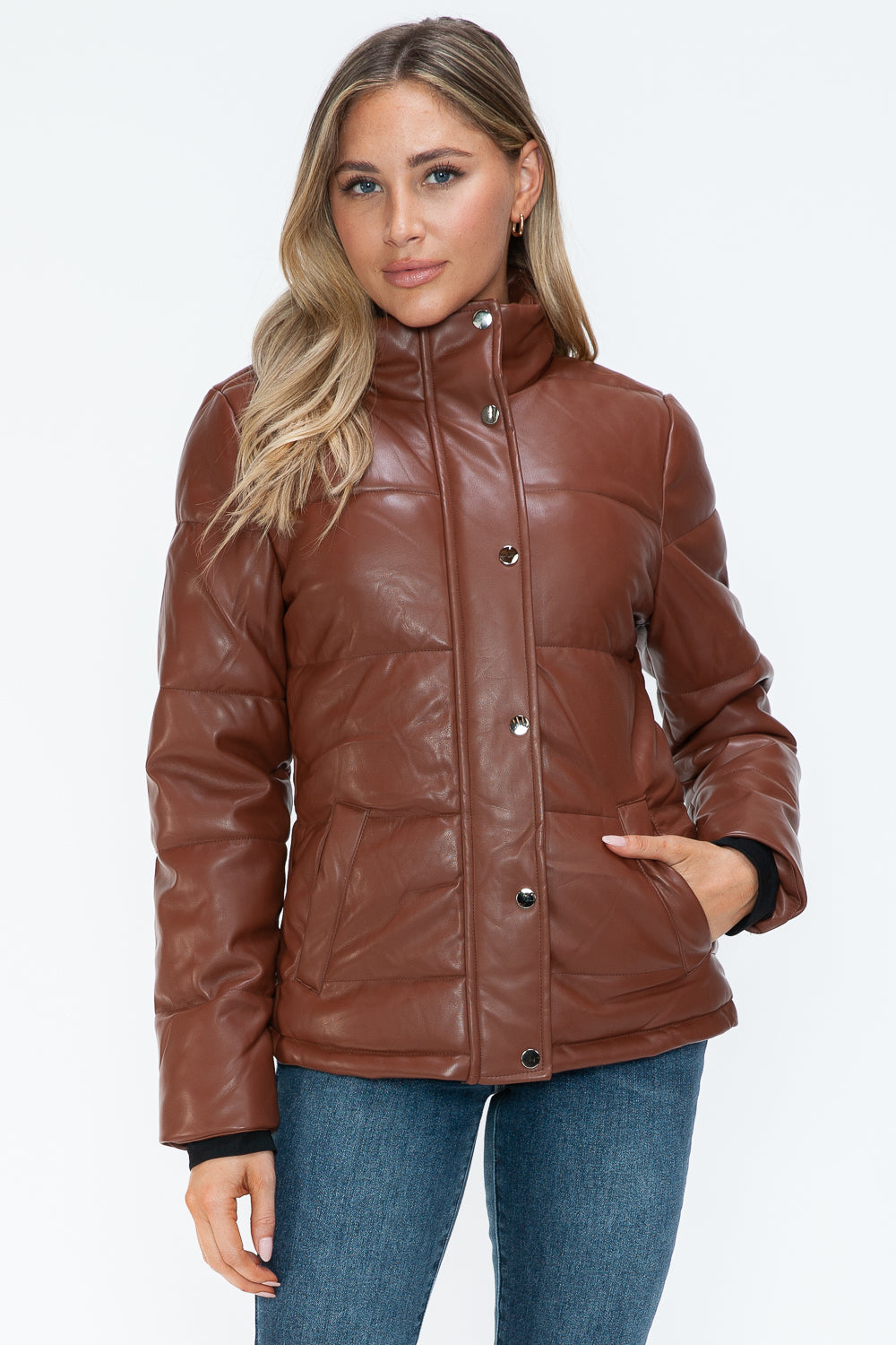 YMI Cozy Perfection Pocketed Zip Up Turtleneck Puffer Jacket in Brandy