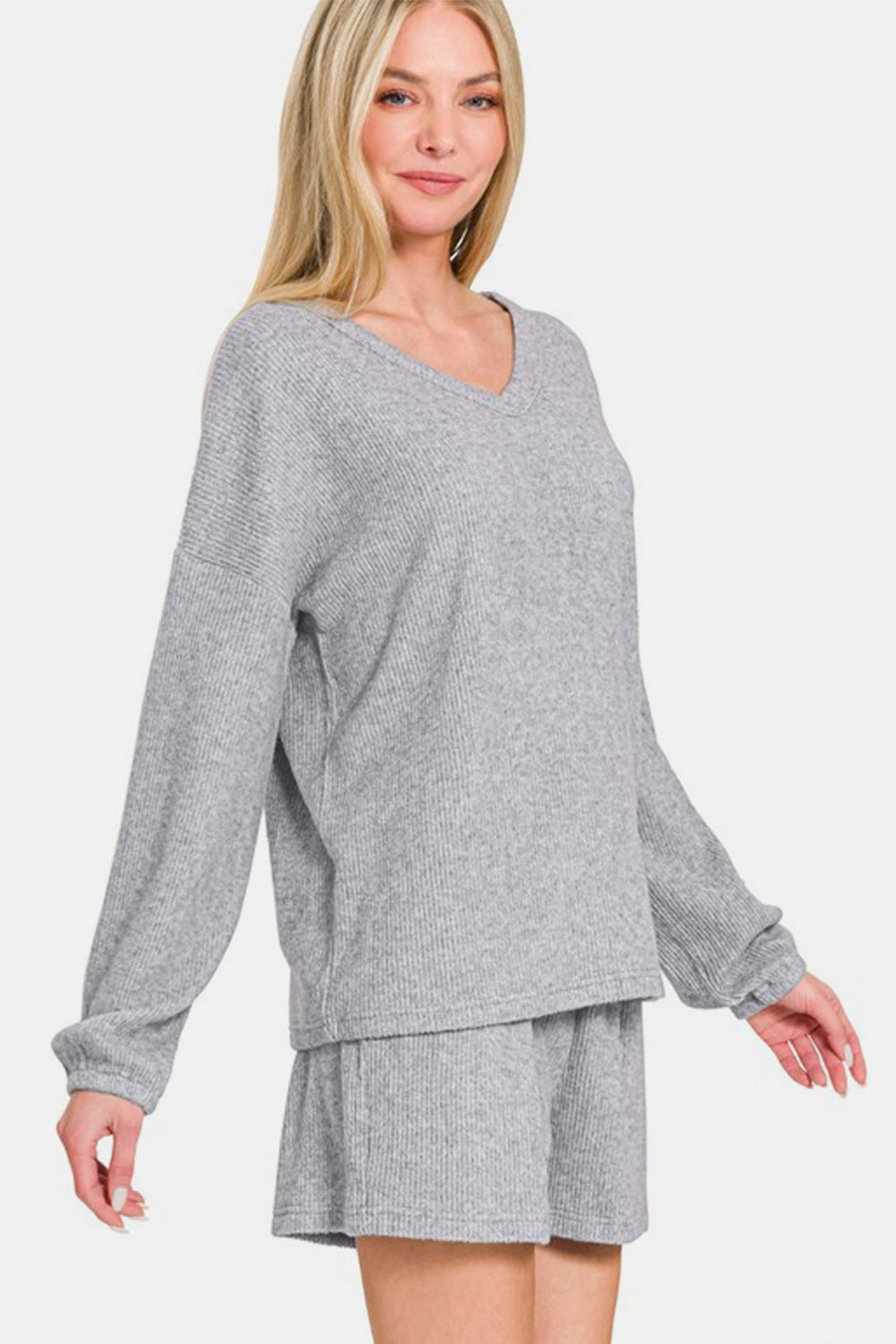 Zenana Collecting Moments V-Neck Long Sleeve Ribbed Top and Shorts Set in Gray