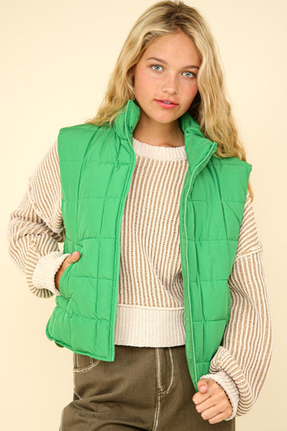 VERY J In Puffer Haven Zip Up Puffer Padded Warm Vest in Kelly Green