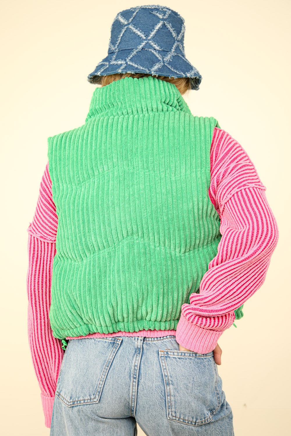 VERY J Fall Adventures Zip Up Padded Corduroy Puffer Vest in Green