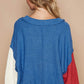 POL A Little Edge Exposed Seam Contrast V-Neck Lantern Sleeve Sweater in Royal Blue