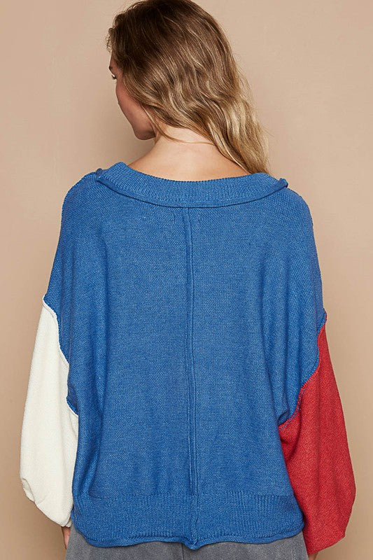 POL A Little Edge Exposed Seam Contrast V-Neck Lantern Sleeve Sweater in Royal Blue