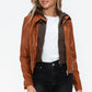 Snobbish Embrace The Day Faux Leather Zip Up Drawstring Hooded Jacket in Camel