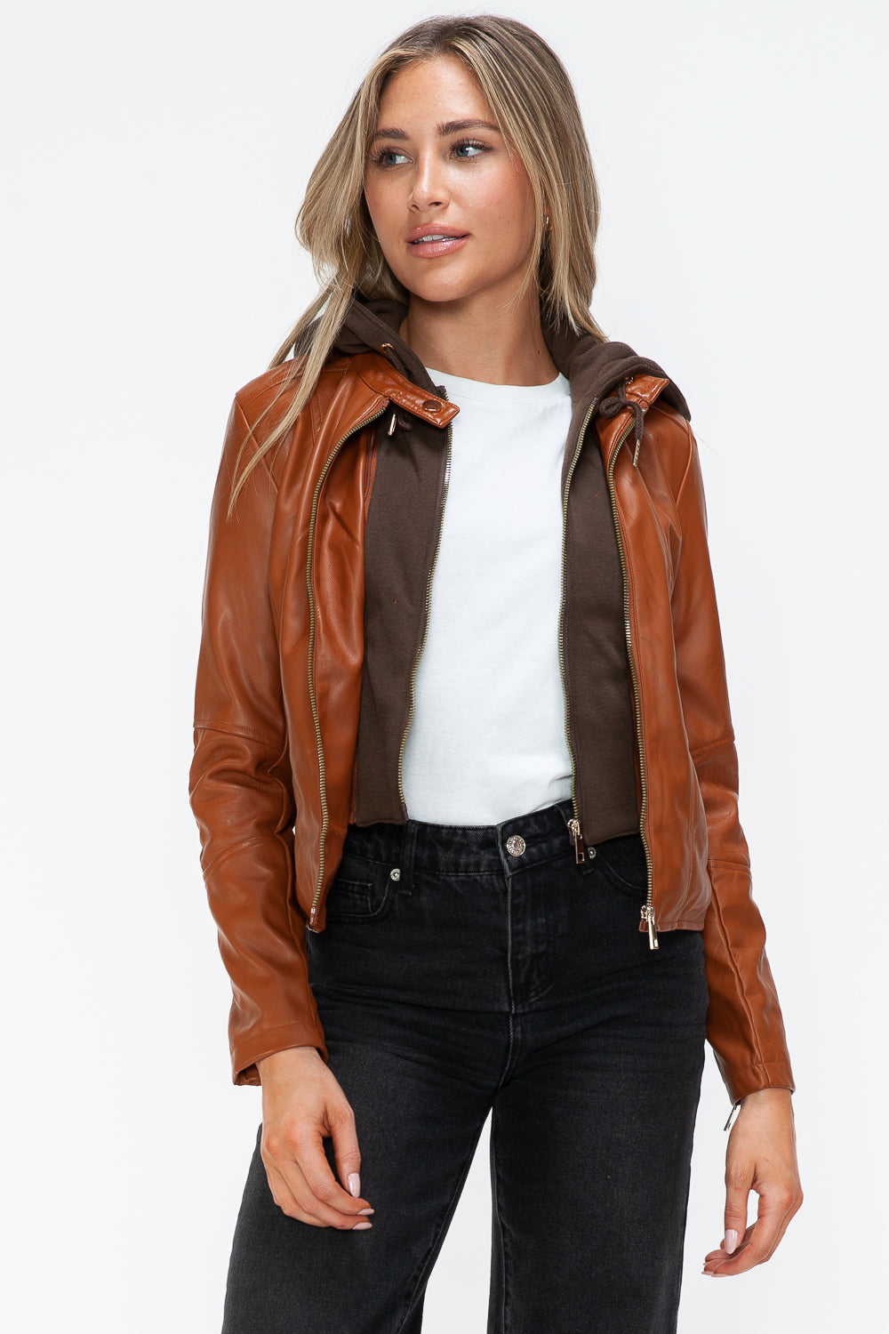 Snobbish Embrace The Day Faux Leather Zip Up Drawstring Hooded Jacket in Camel