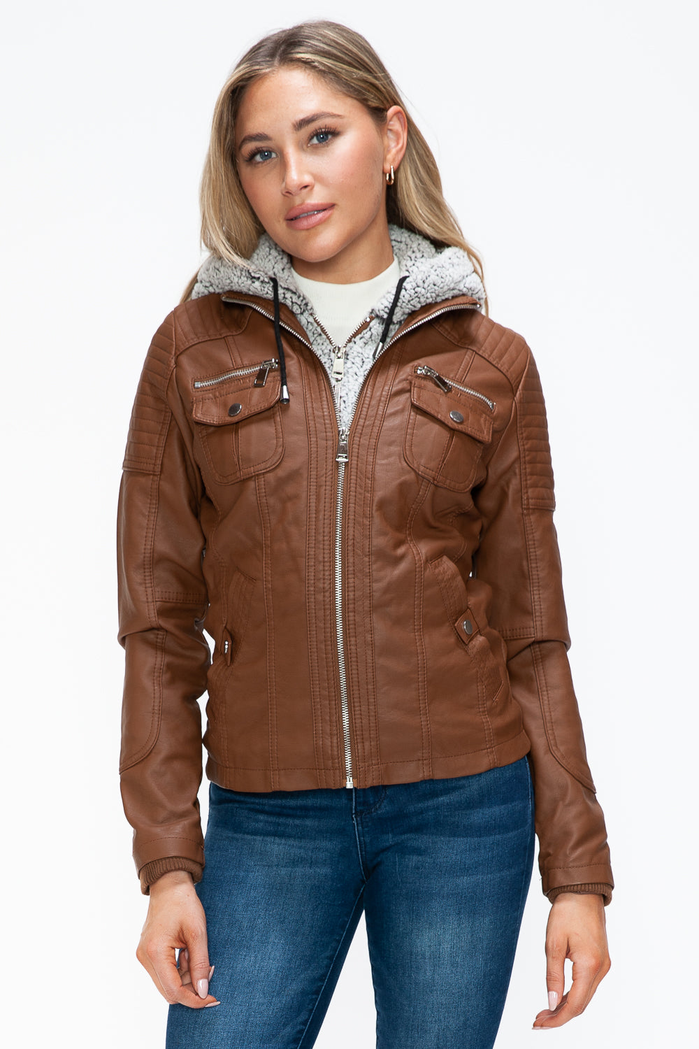 YMI Hooded and Happy Removable Faux Layered Multi-Pocket Jacket with Fuzzy Hood in Rust