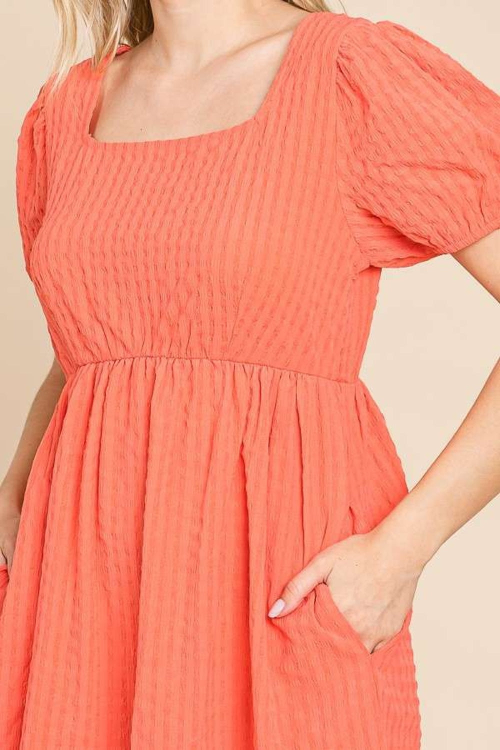 Culture Code Sugar Coral Skies Textured Square Neck Short Sleeve Dress