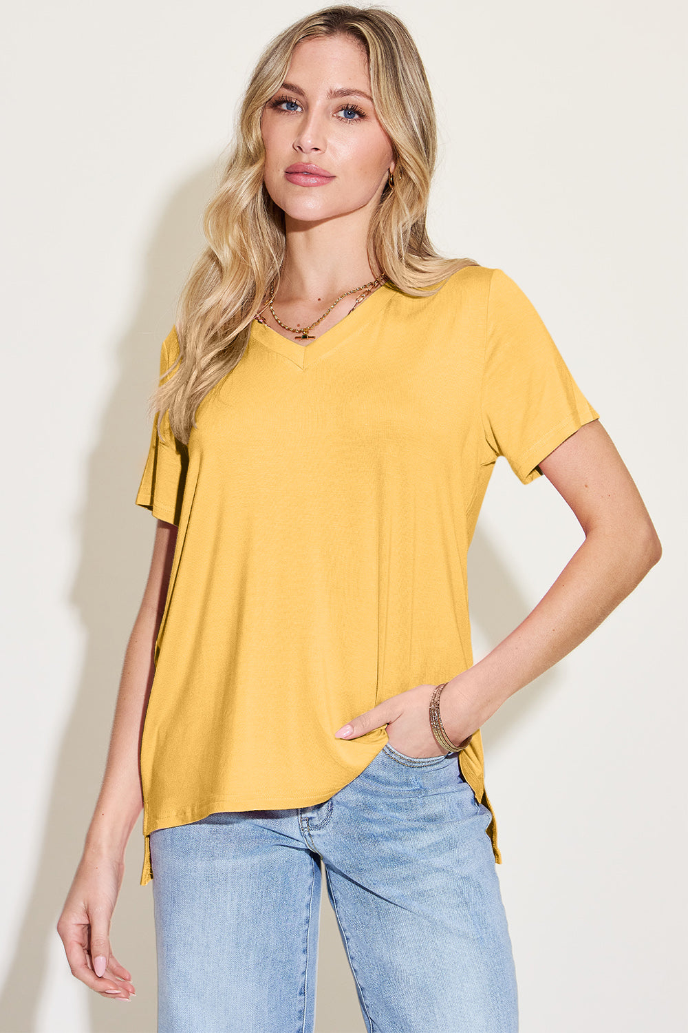 Basic Bae Bamboo All Day Long V-Neck High-Low T-Shirt