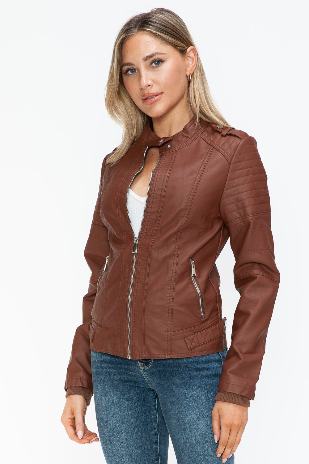 Snobbish Born To Ride PU Leather Biker Jacket with Side Zip Pockets in Brandy