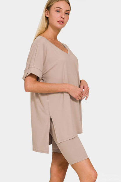 Zenana I'm Yours V-Neck Short Sleeve Slit T-Shirt and Shorts Set in Ash Mocha