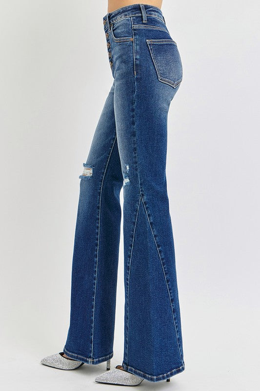RISEN Star Distressed Button-Fly Flare Jeans