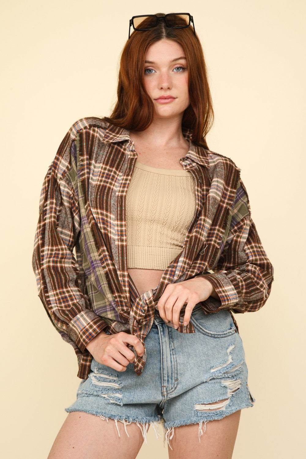 VERY J Falling For Plaid Contrast Plaid Raw Detail Shirt in Mocha
