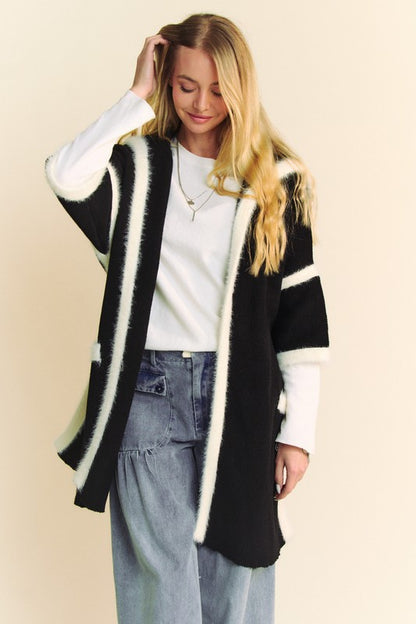 Davi & Dani Just Breathe Fuzzy Trim Open Front Loose Fit Cardigan