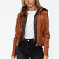 Snobbish Embrace The Day Faux Leather Zip Up Drawstring Hooded Jacket in Camel