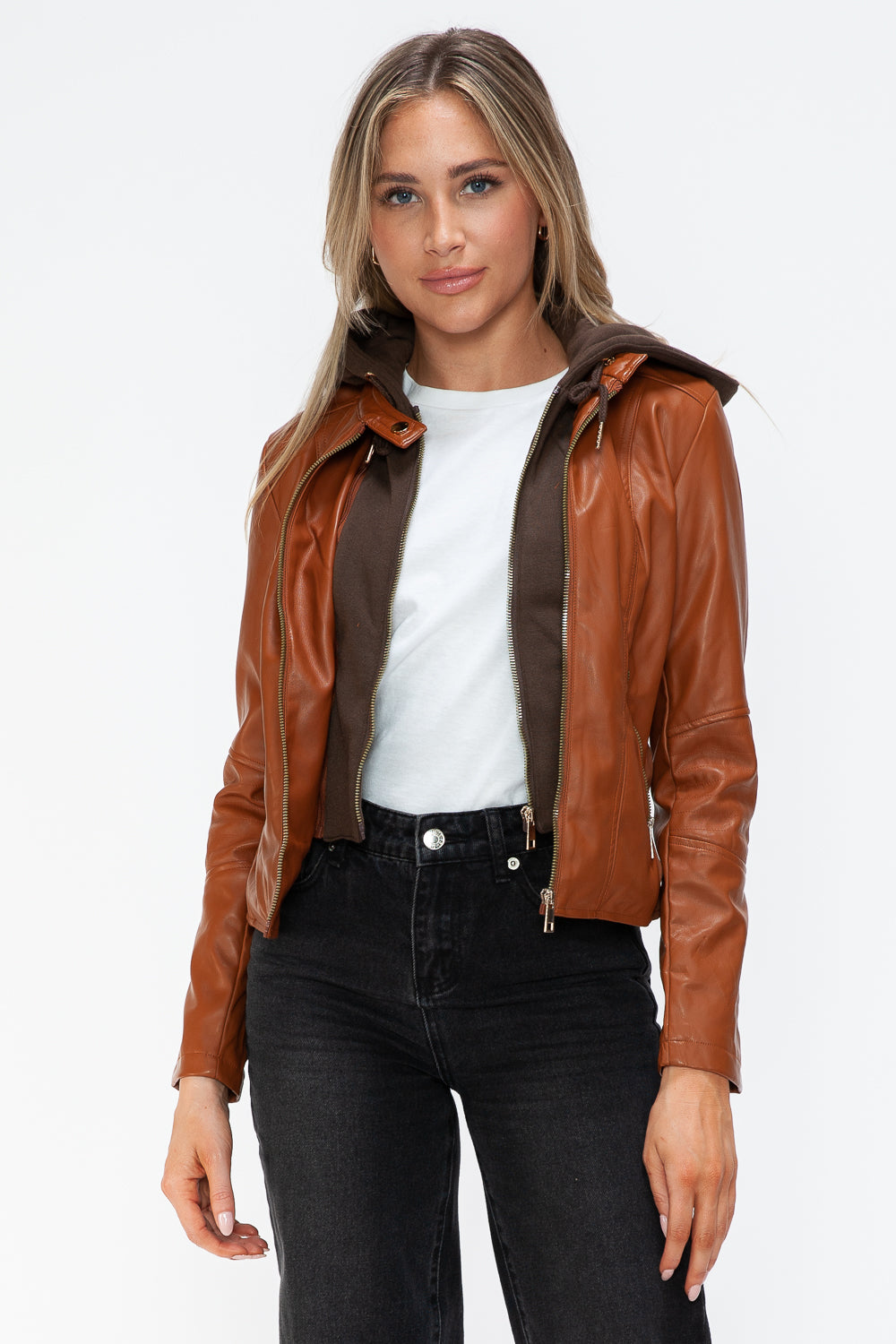 Snobbish Embrace The Day Faux Leather Zip Up Drawstring Hooded Jacket in Camel