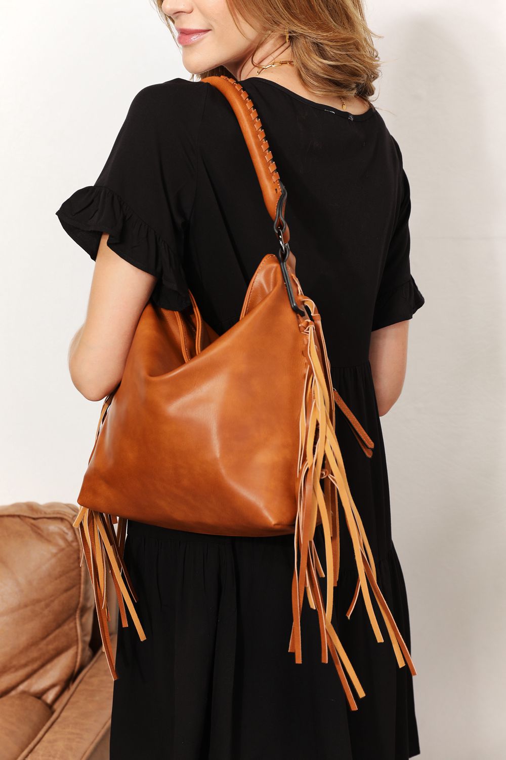 SHOMICO Boho Chic PU Leather Fringe Detail Shoulder Bag