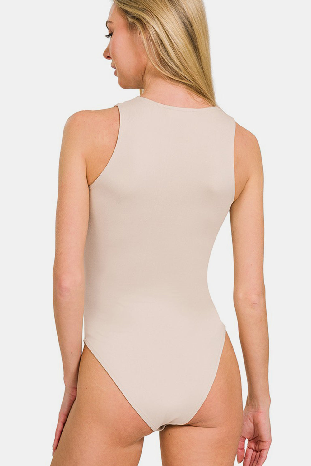 Zenana Keeping It Simple Sleeveless Padded Bodysuit in Sand Beige