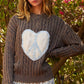 POL Peace and Love Cable-Knit Peace Patch Dropped Shoulder Sweater in Dark Gray