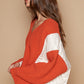 POL Quilted Joy Cable Knit Quilting Patch V-Neck Contrast Sweater in Orange