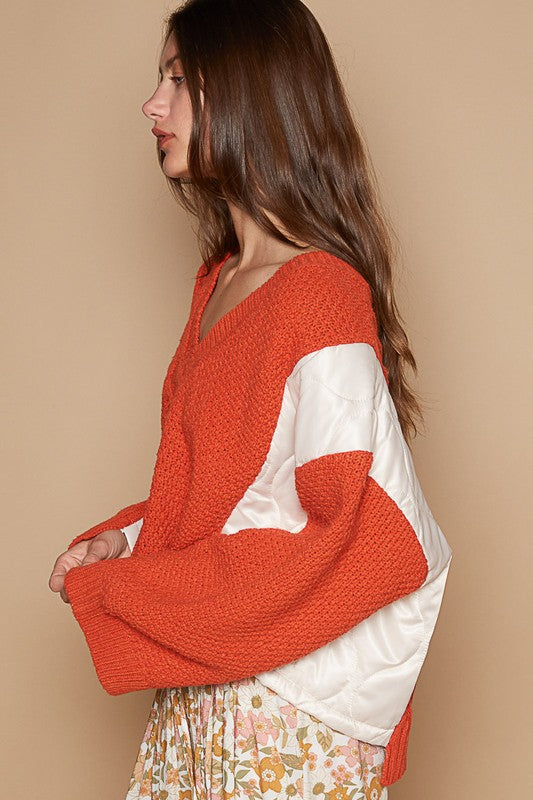 POL Quilted Joy Cable Knit Quilting Patch V-Neck Contrast Sweater in Orange
