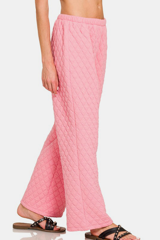 Zenana Quilted Comfort Button Up Long Sleeve Top and Pants Lounge Set in Dark Pink