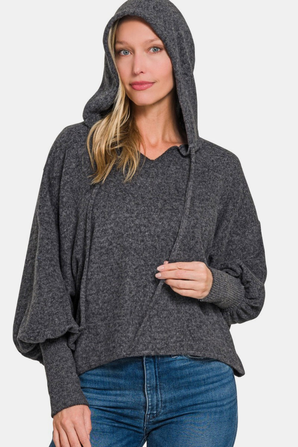 Zenana Brushed Perfection Hacci Drop Shoulder Cropped Hoodie in Black