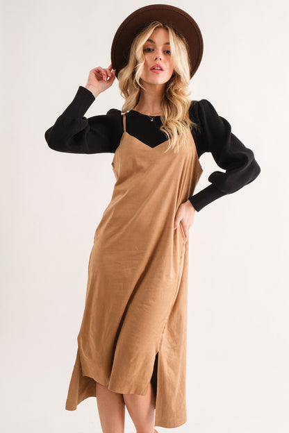 And The Why Comfort Meets Glam Faux Suede Cut Edge Slit Cami Midi Dress in Khaki