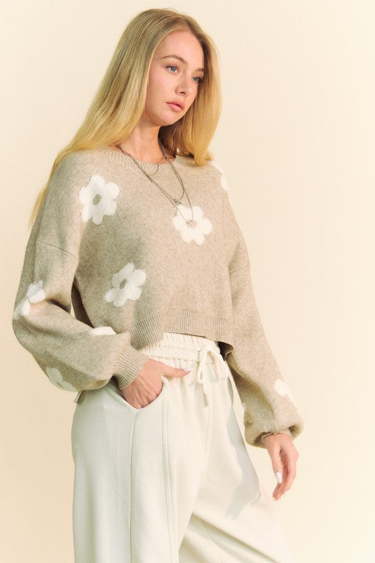 Davi & Dani Flexing The Flower Power Floral Drop Shoulder Cropped Sweater