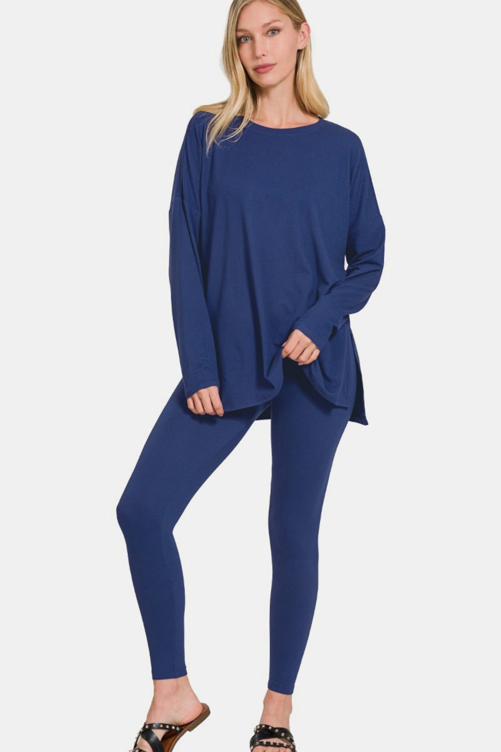 Zenana Lazy Days Brushed Microfiber Top and Leggings Lounge Set in Light Navy