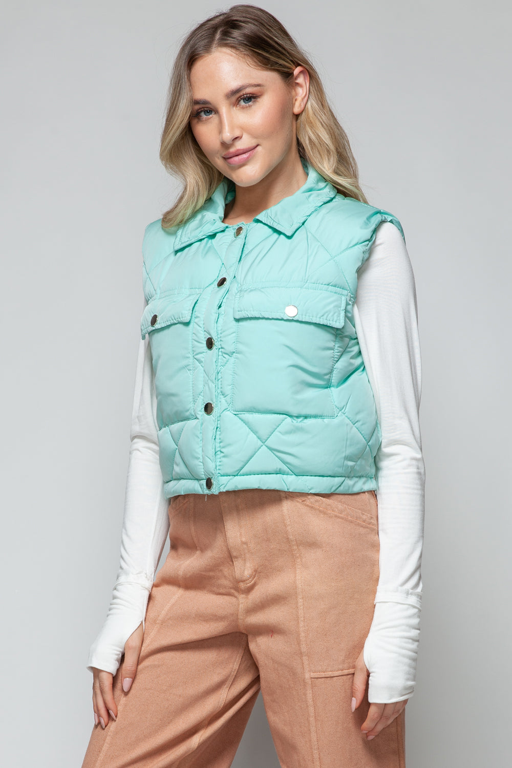 Snobbish Quilted and Cute Snap Down Quilted Crop Vest in Green